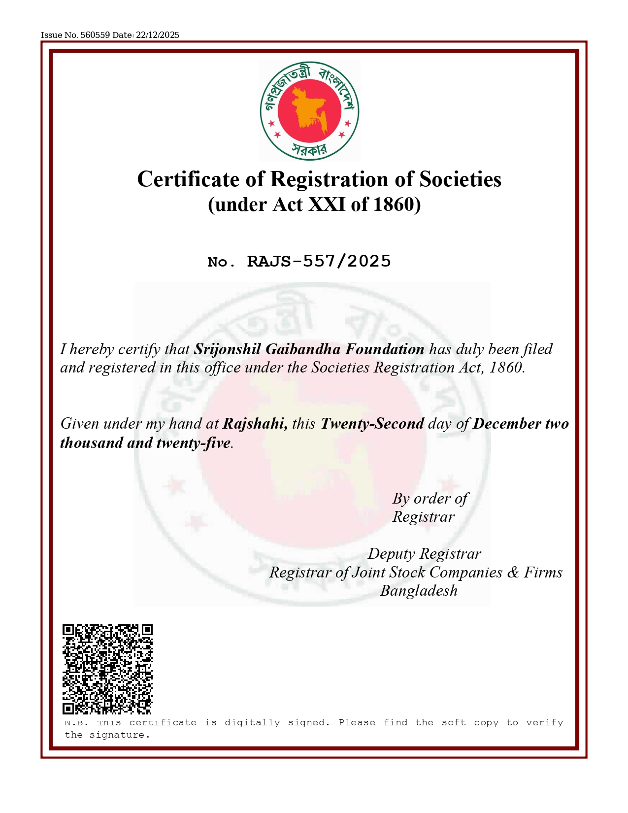 RJSC Registration Awarded to Srijonshil Gaibandha Foundation